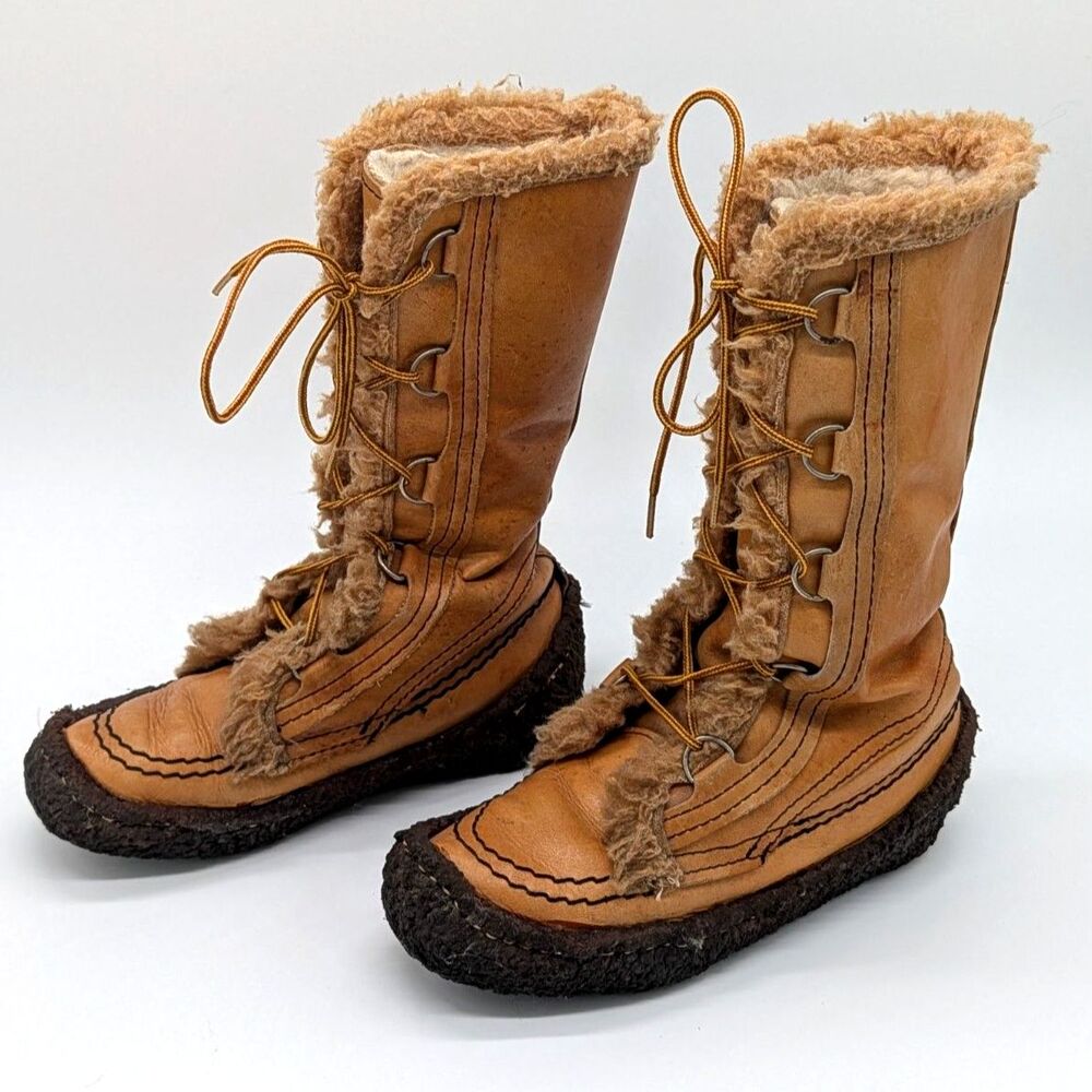 Vintage Handmade Shearling Lined Leather Lace-Up Winter Boots Approx US 7.5-8